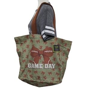 Game Day‎ Green Brown White Football Bow Tote Bag Canvas Cotton NWT Football Mom